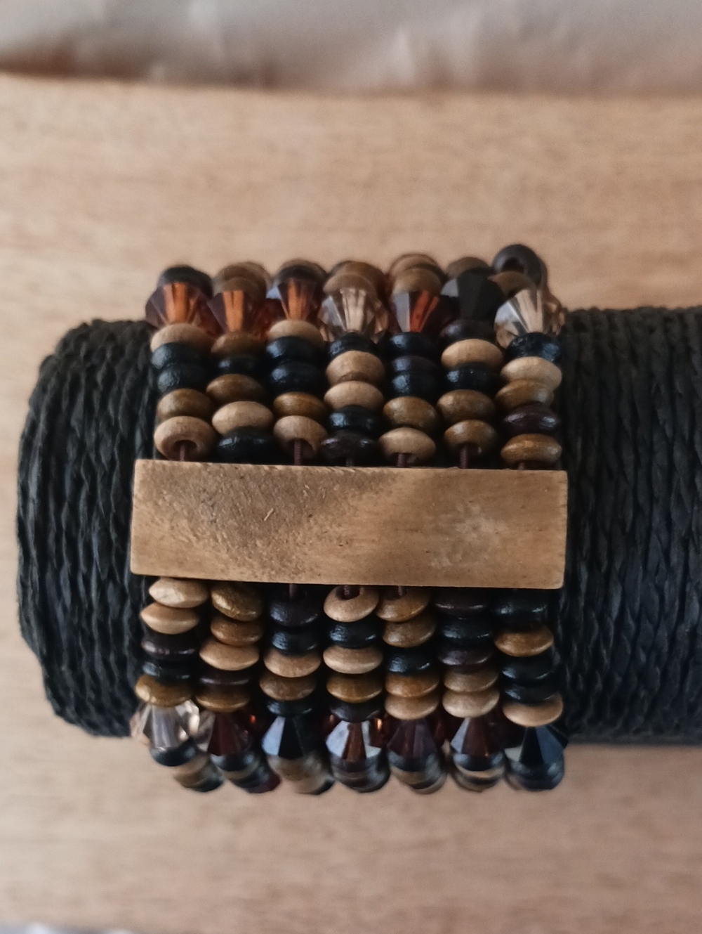 Bohemian Multi-strand, Stretch Bracelet Wood & Faceted Beads. Very 70s Warm Tone
